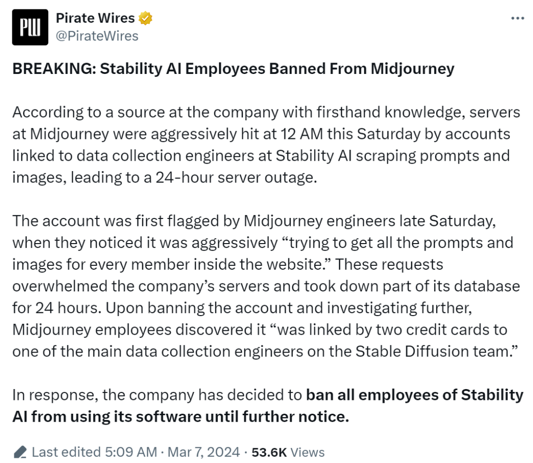 Midjourney封禁Stability AI：恶意爬取数据，致服务器瘫痪24小时