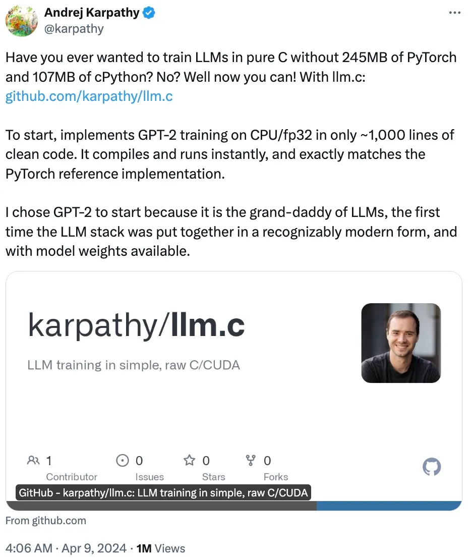 为什么要纯C语言手搓GPT-2，Karpathy回应网友质疑