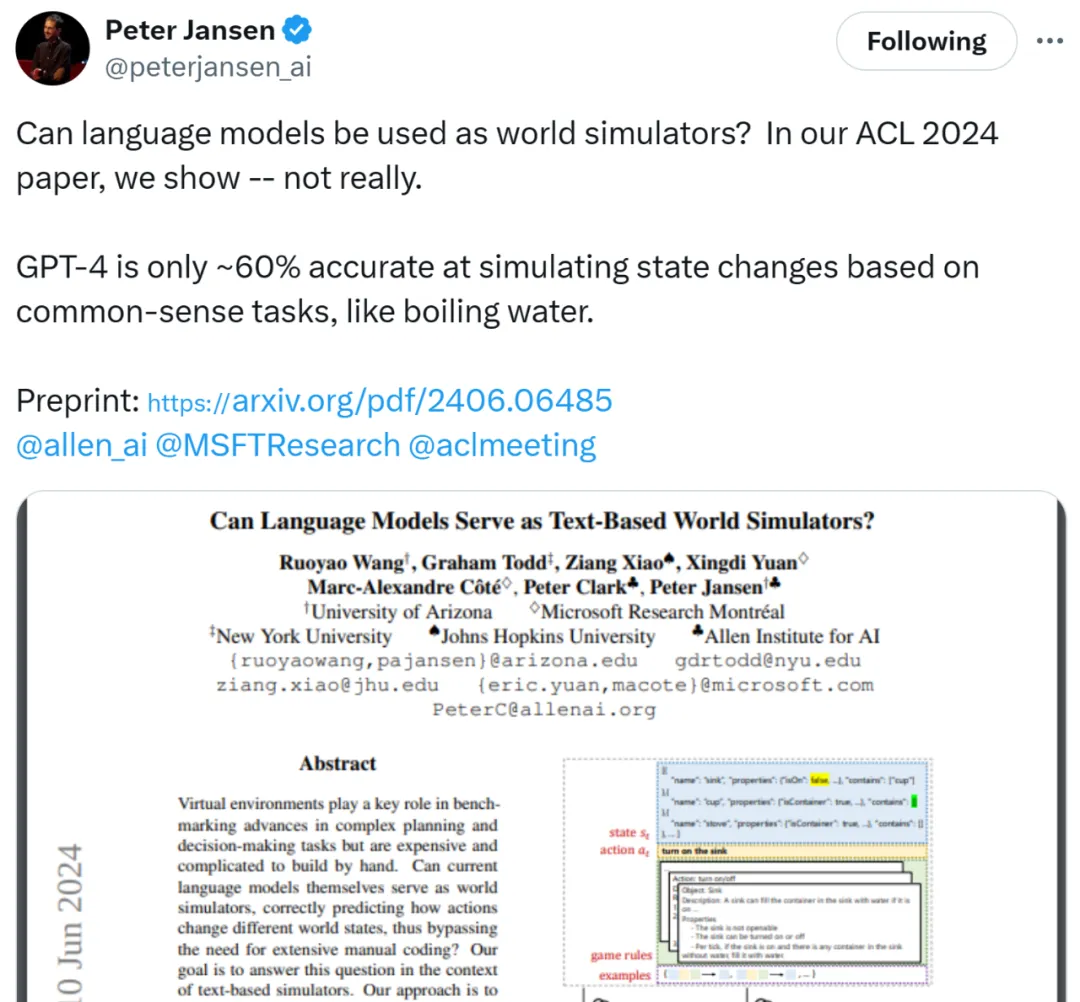 ACL 2024论文盖棺定论：大语言模型≠世界模拟器，Yann LeCun：太对了