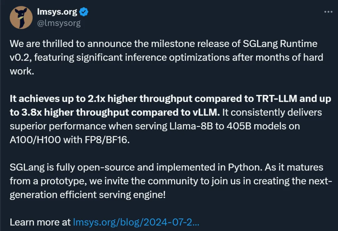 贾扬清点赞：3K star量的SGLang上新，加速Llama 405B推理秒杀vLLM、TensorRT-LLM