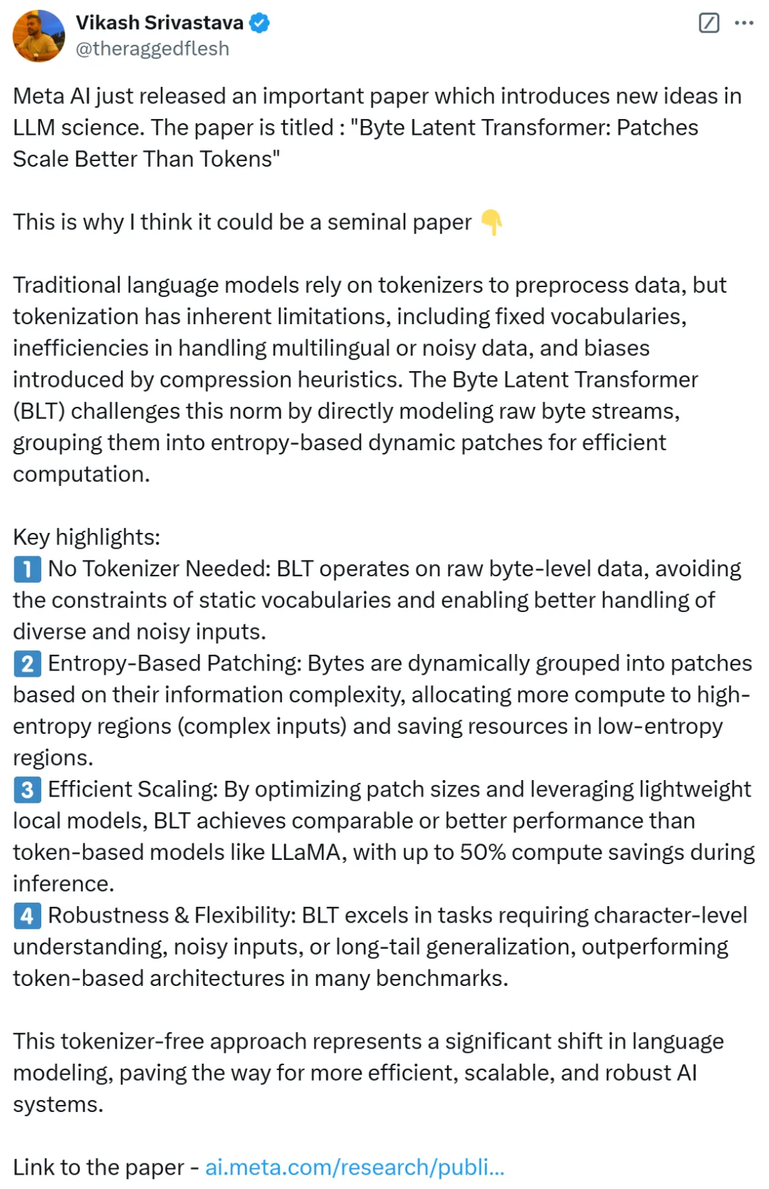 Tokenization不存在了？Meta最新研究，无需Tokenizer的架构来了