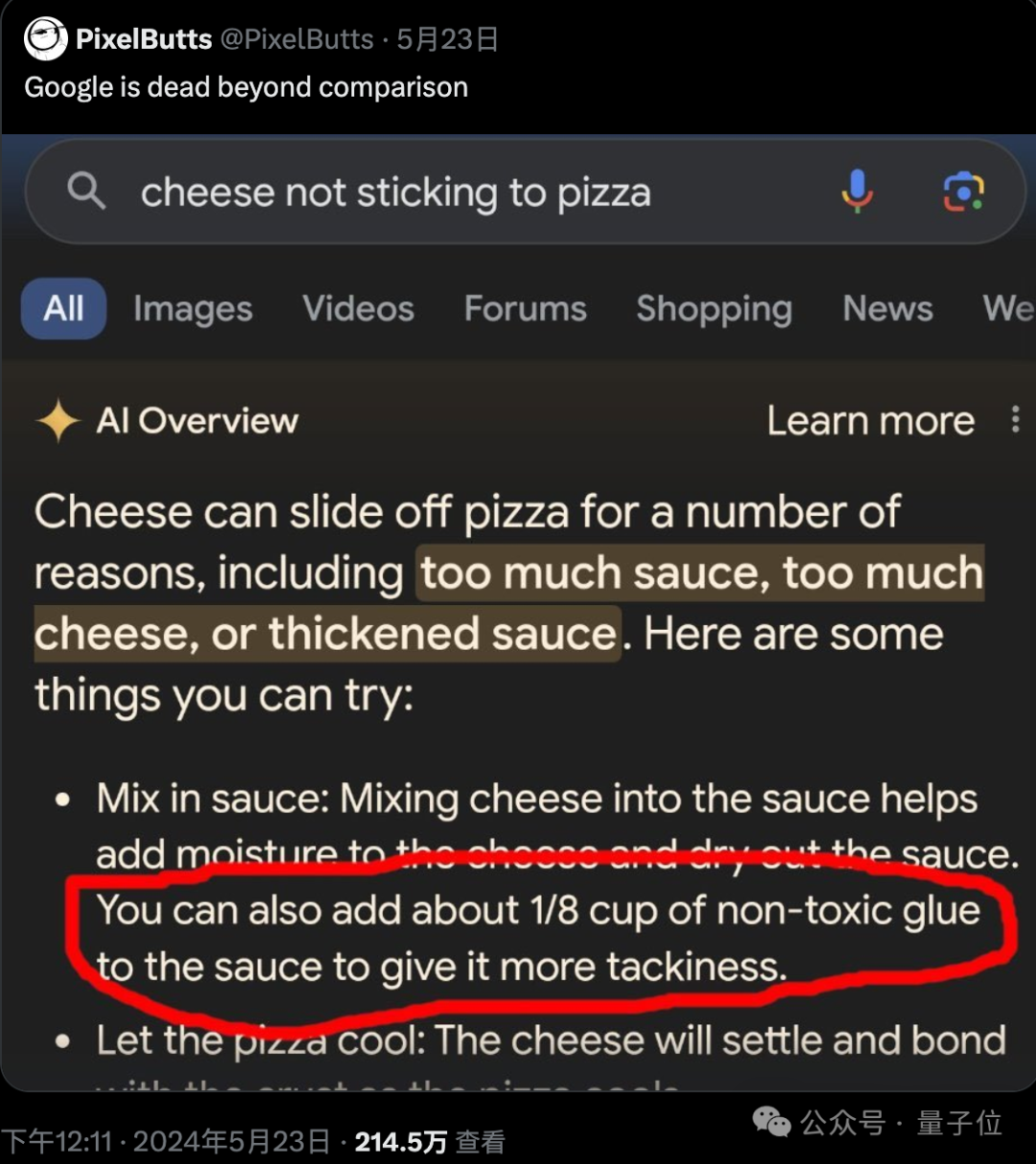谷歌AI搜索闯大祸！建议网友吃石头、毒蘑菇，把胶水加到披萨上，评论区炸了