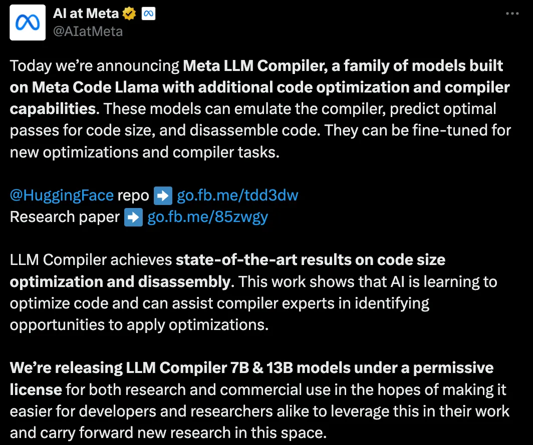 开发者狂喜！Meta最新发布的LLM Compiler，实现77%自动调优效率 