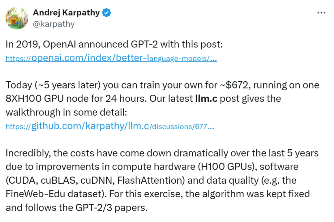 五年后的今天，训练GPT-2只需不到700刀、24小时，Karpathy又整新活
