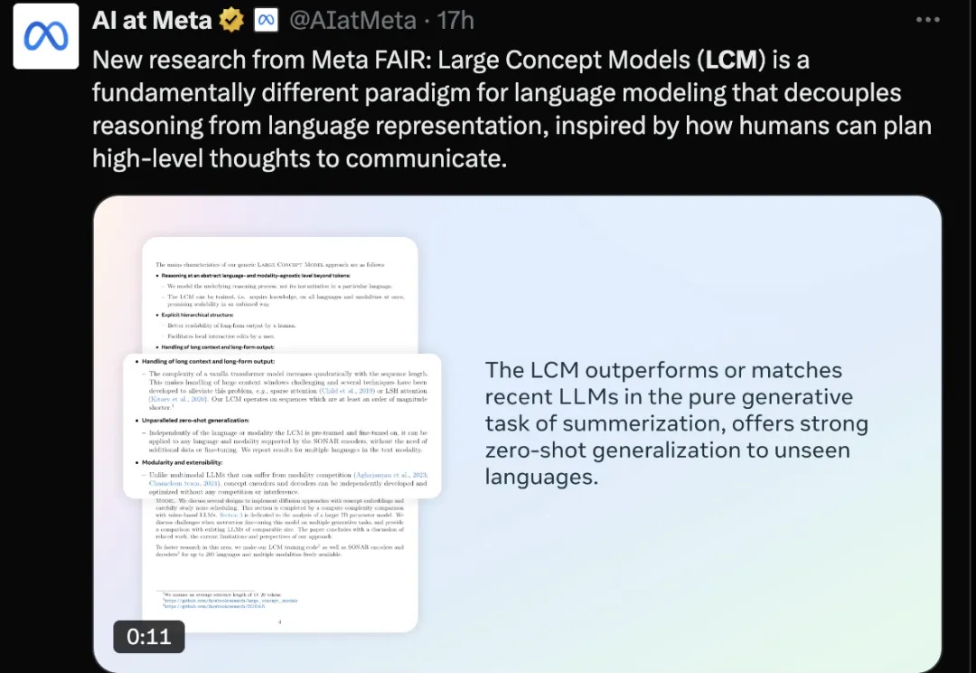 Tokenization，再见！Meta提出大概念模型LCM，1B模型干翻70B？