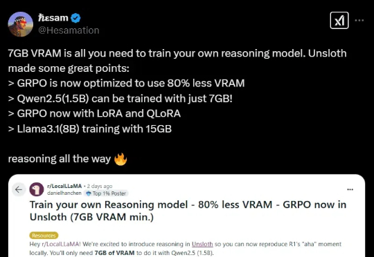 DeepSeek-R1推理本地跑，7GB GPU体验啊哈时刻？GRPO内存暴降，GitHub超2万星